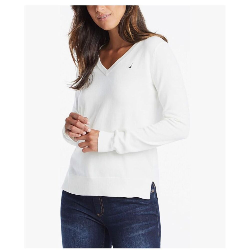 Nautica Women's White V-Neck Long Sleeve Sweater Size L Casual Pullover